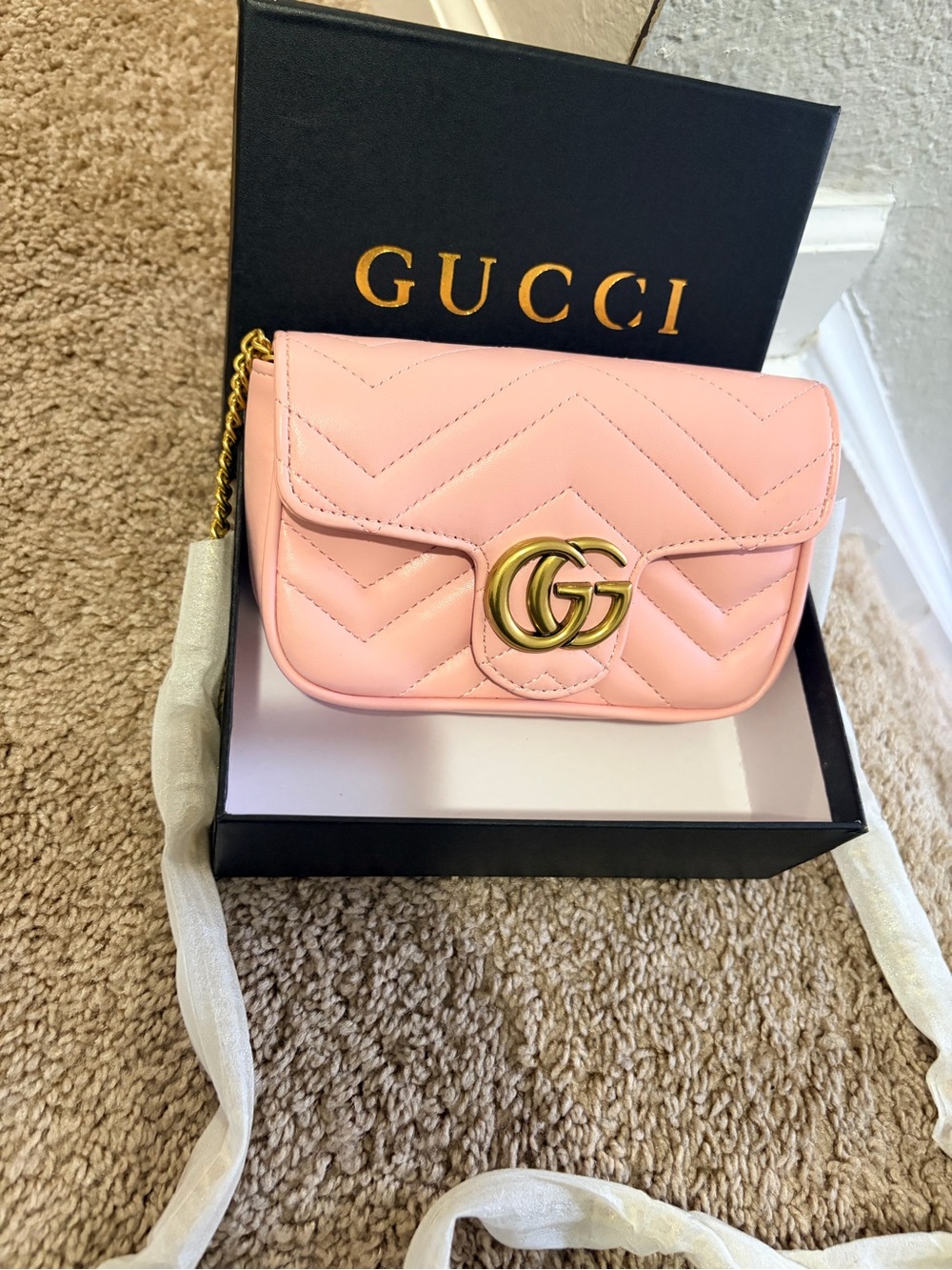 Gucci Pink Quilted Marmont Mini Shoulder Bag with Gold GG